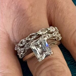 Silver Bridal Ring Set with White Square-Cut Stone